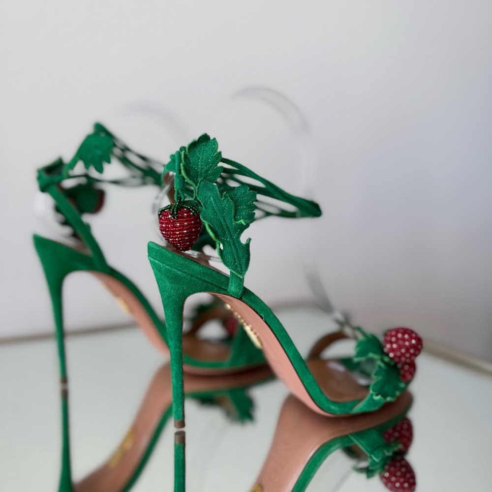 EUC Aquazzura Green Fragolina 105 Embellished Suede Sandals 37 $1,295 - Picture 16 of 17